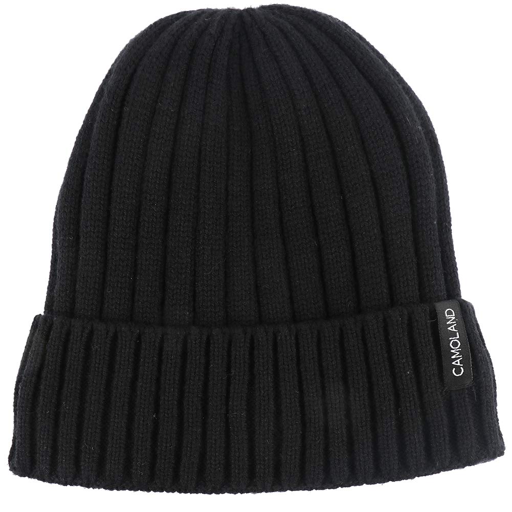 CAMOLAND Men's Fleece Wool Cable Knit Winter Beanie Hat(Black)
