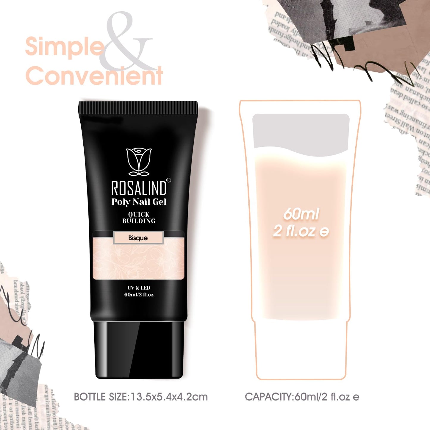 ROSALIND Nude Poly Extension Gel, 60ml Light Nude Poly Nial Gel Builder for Nail Art Decoration, Nude Nail Thickening Extension Easy to DIY Use at Home Need UV Lamp