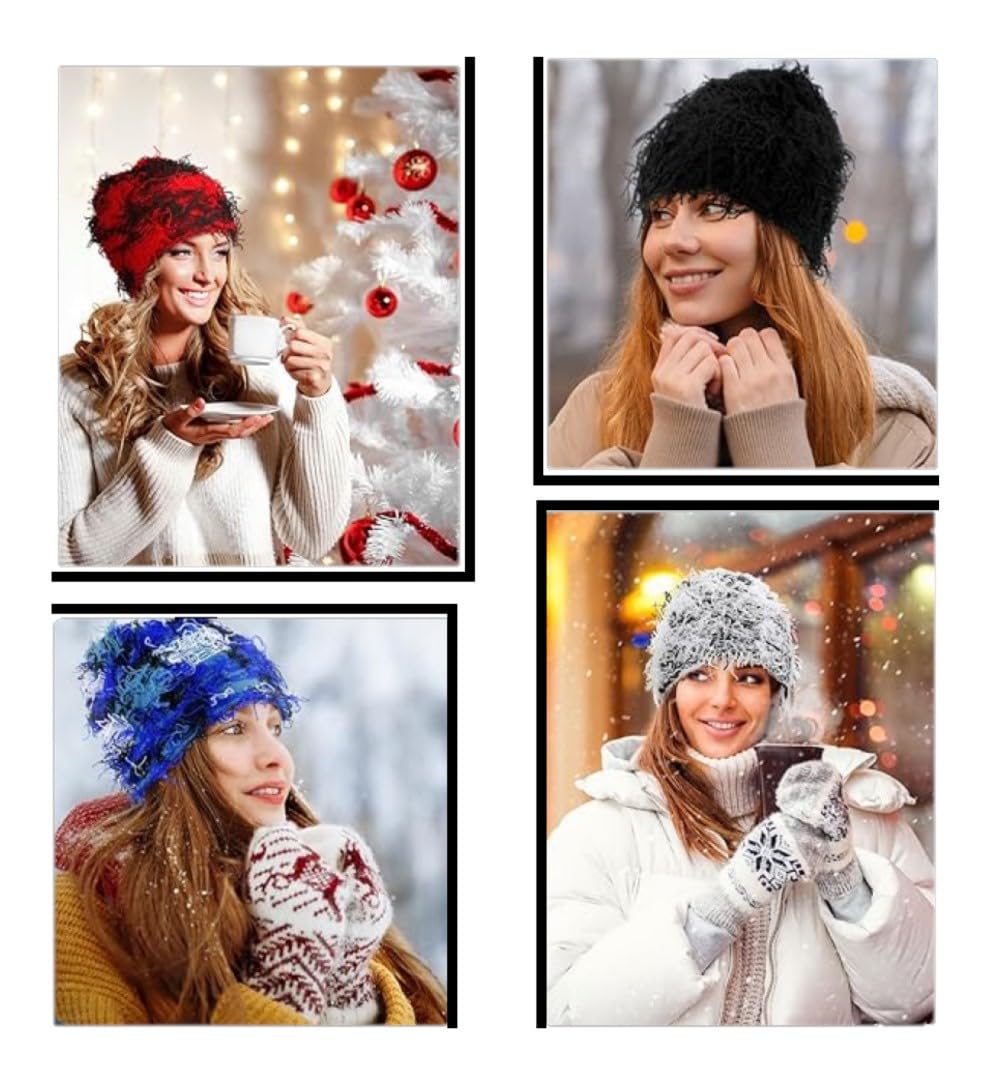 Taowave Distressed Knitted Beanie Fuzzy Hats Winter Warm Beanies Snow Hats Outdoor Ski Knit Cap for Kid Women Men, 4 Pack (Black, Blue, Black and White, Red)