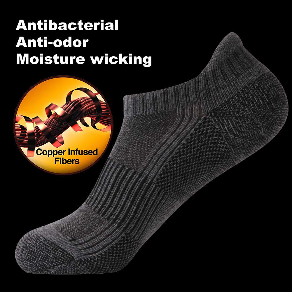 FOOTPLUS Womens Copper Golf Socks Mens Winter Warm Thick Cushioend Odor Free Low Cut Mesh Breathable Arch Support Athletic Running Jogging Hiking Socks, 6 Pairs Dark Grey, Medium