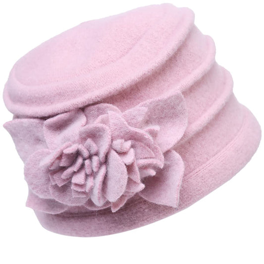 Vintage Women Floral Wool Dress Cloche Winter Hat 1920s (C022-D-Pink)