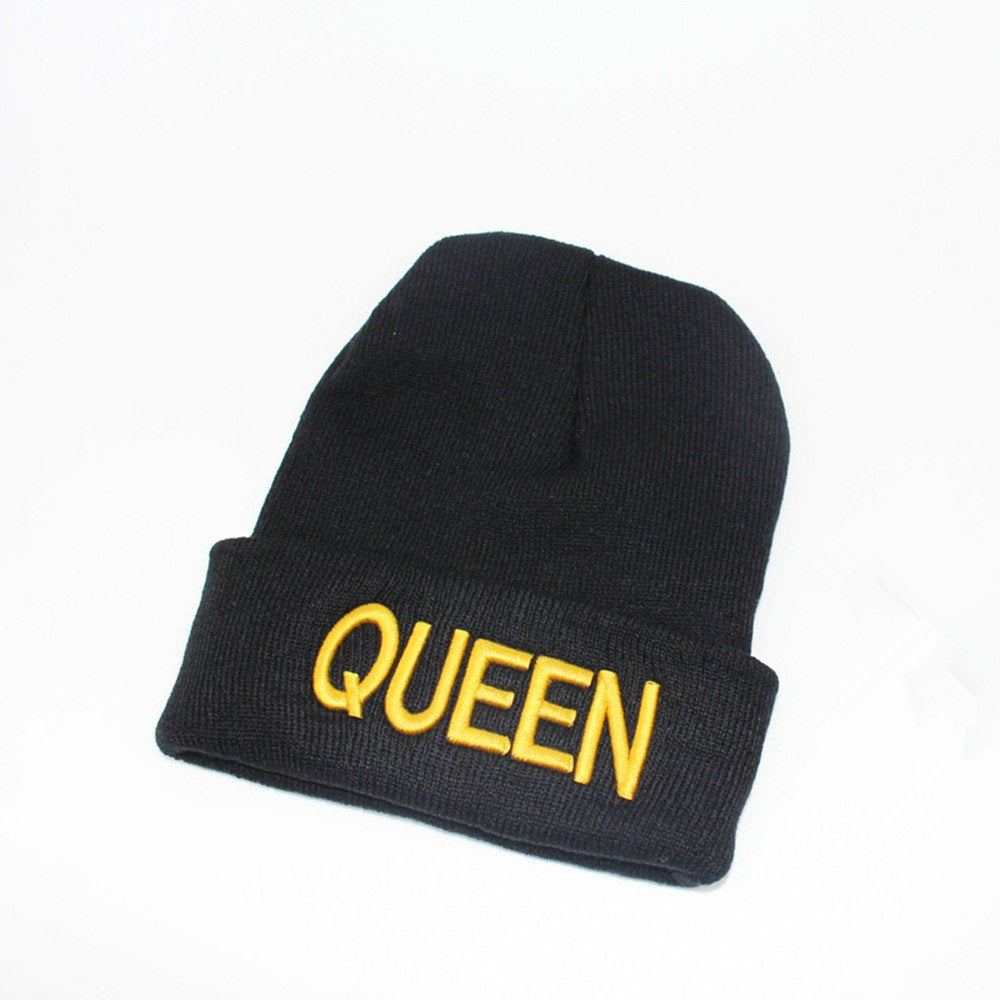 MIUNIKO 2PCS Fashion King and Queen Skullies Hood Winter Warm Caps Sport Beanie Hats for Couples (Yellow)