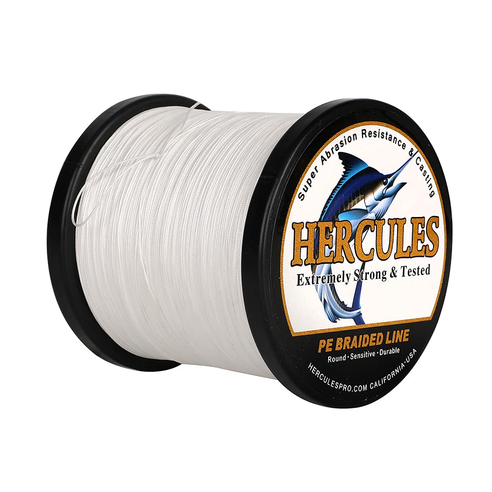 HERCULES Braided Fishing Line 12 Strands, 100-2000m 109-2196 Yards Braid Fish Line, 10lbs-420lbs Test PE Lines for Saltwater Freshwater - White, 10lbs, 100m