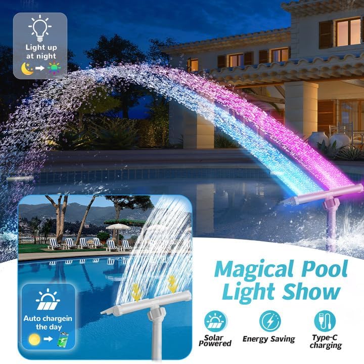 Solar Pool Fountain for Above and In-ground Pools, with 10-Color Lights and Auto Light Sensing Pool Sprinkler Fountain 360° Adjustable Dual Spray High Pressure Pool Waterfall