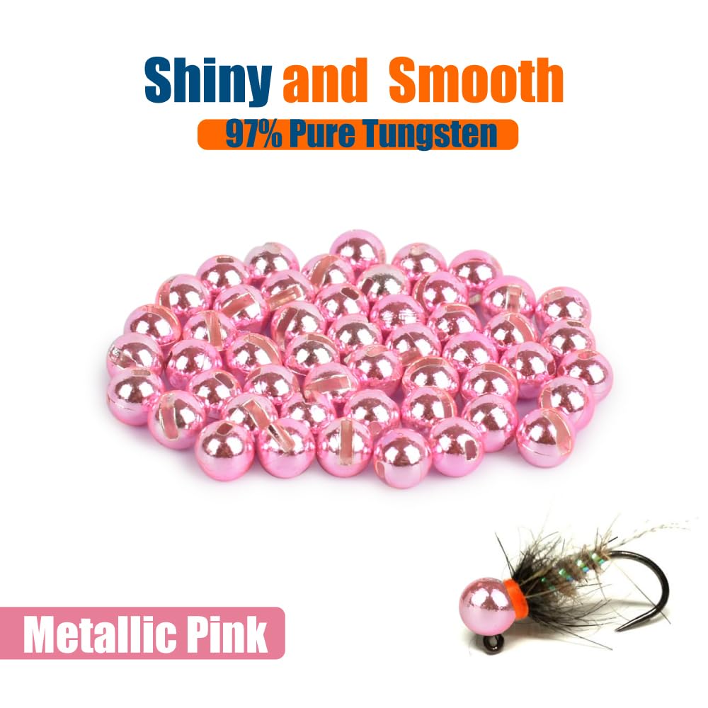 MUUNN 50pcs Tungsten Slotted Beads for Fly Tying,12 Colors/13 Sizes Tungsten Beads Heads Slotted Fly Tying Materials(Metallic Pink,2.5mm