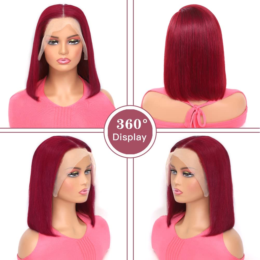 99J Burgundy Lace Front Wigs 13x4 HD Lace Frontal Glueless Straight Short Bob Wig Human Hair Bob Wigs for Black Women Human Hair Pre Plucked Natural Hairline Wine Red 12 Inch