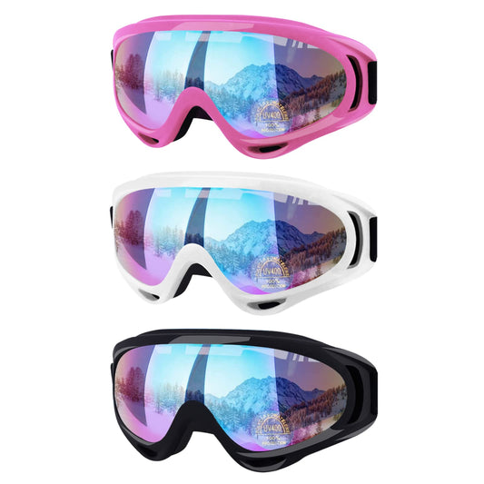 Reseldda 3-Pack Ski Goggles Snow Snowboard Motorcycle Goggles for Adult Men Women Youth Teens Kids Boys & Girls Winter Snow Sports Goggles (Pink+White+Black)