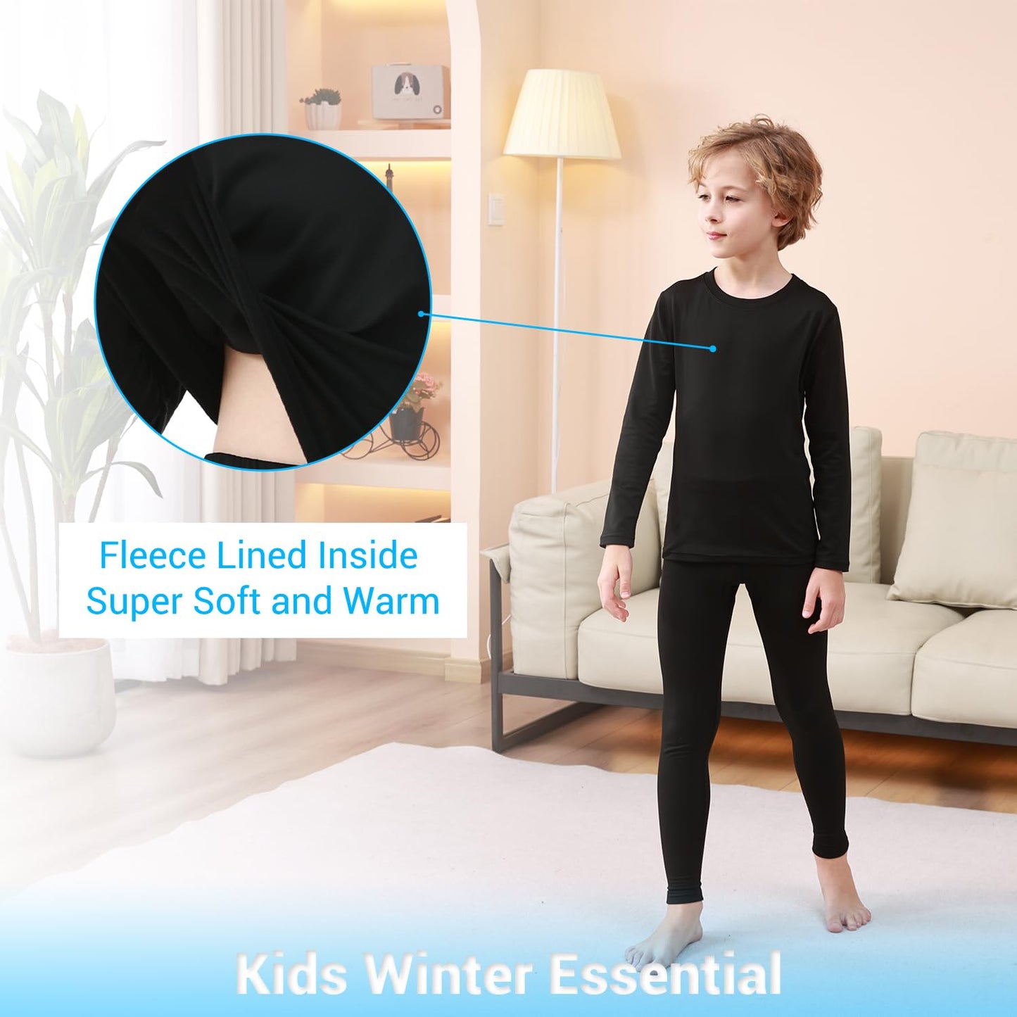 PISIQI Thermal Underwear Set for Boys Ultra Soft Fleece Lined Kids Long Johns Base Layer Thermal Top & Bottom Winter Warm Set Black