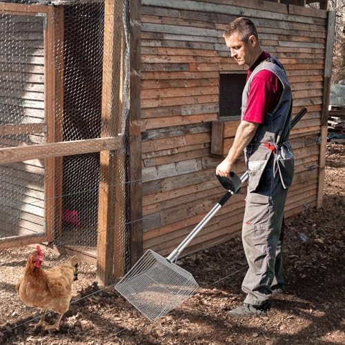 15-inch Large Chicken Poop Scooper with Ergonomic Grip, 4 in 1 Adjustable Chicken Coop Pooper Shovel (24 to 70"), Sifting Litter Shovel Scoop for Chicken Coop/Goat Stall/Stable Cleaning
