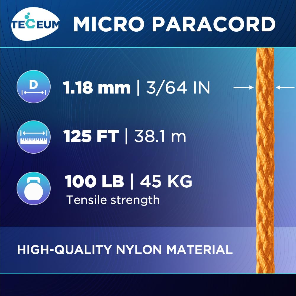 TECEUM Micro Paracord – Apricot – 1.18 mm x 125 ft – Micro Utility Cord – Thin Braided Paracord Rope Nylon Polyester – Wind Chime Replacement – Survival Strong String 085c