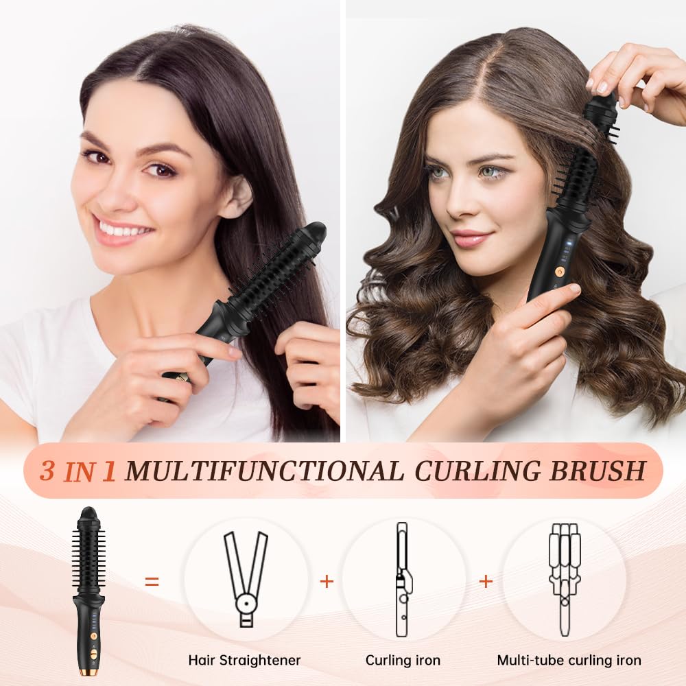 Curling Brush,Cordless Rechargeable Hair Curling Brush,Anti-Scald Heated Round Wand 4000mAh,for Short Hair and Long Hair,Up to 180°C,Heated Styling Straightener for Travel(Black)