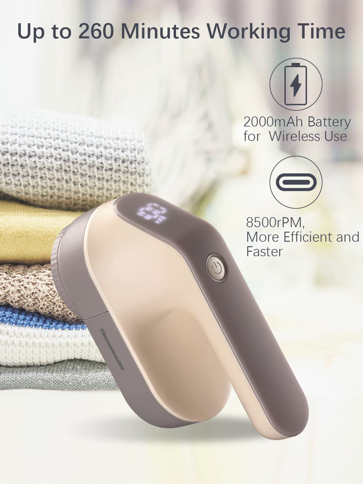 Electric Fabric Shaver, Homeleader Rechargeable Lint Remover, Led Digital Display Sweater Shaver with 3-Speeds and 6-Leaf Blades, Fabric Pill Remover for Clothes, Couch and Furniture, Champagne.
