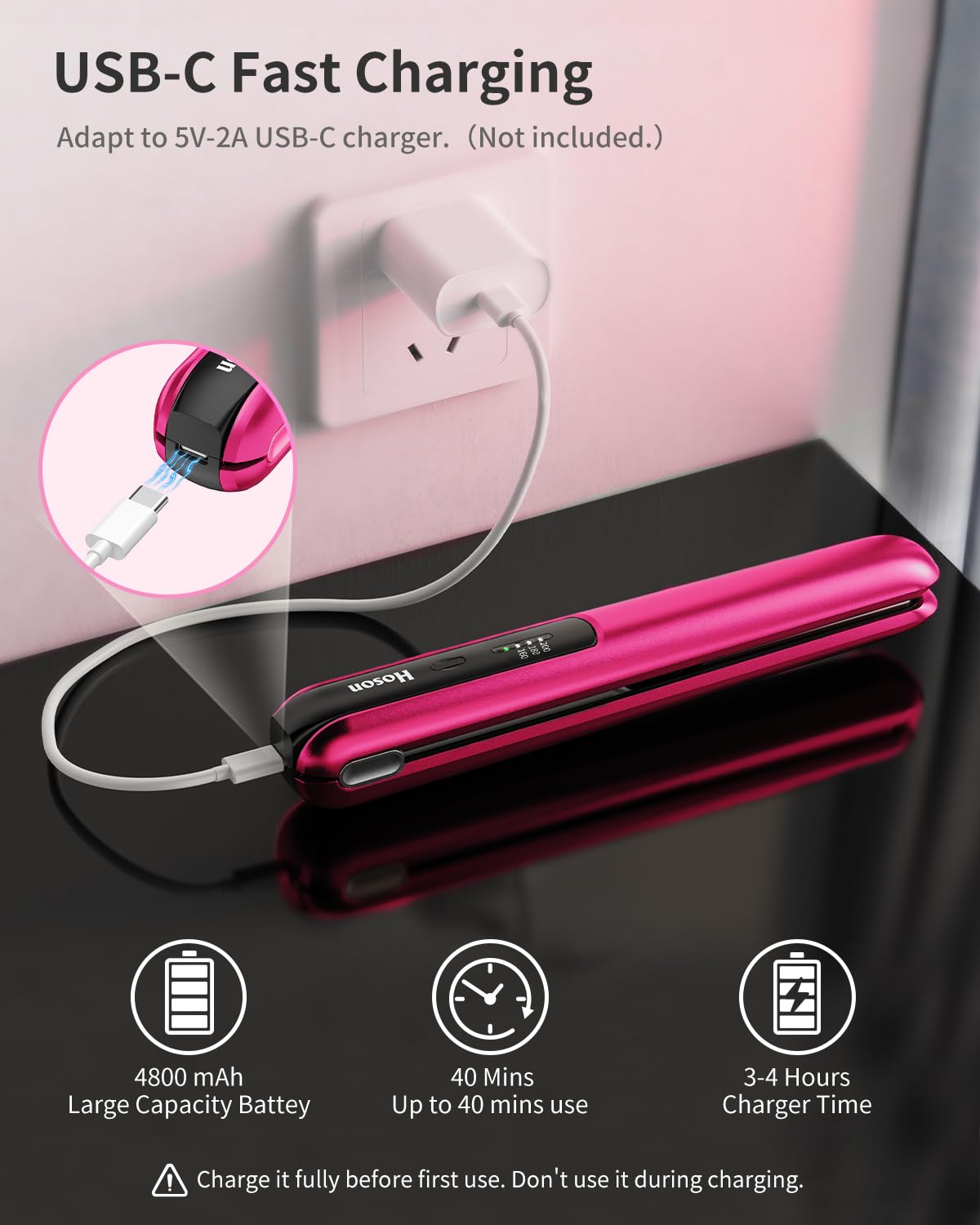 Hoson Cordless Hair Straightener,Portable Mini Flat Iron Travel for Bangs,Short Hair, Rechargeable Curling Iron and Curler 2 in 1,Hot Pink,for Touch Ups