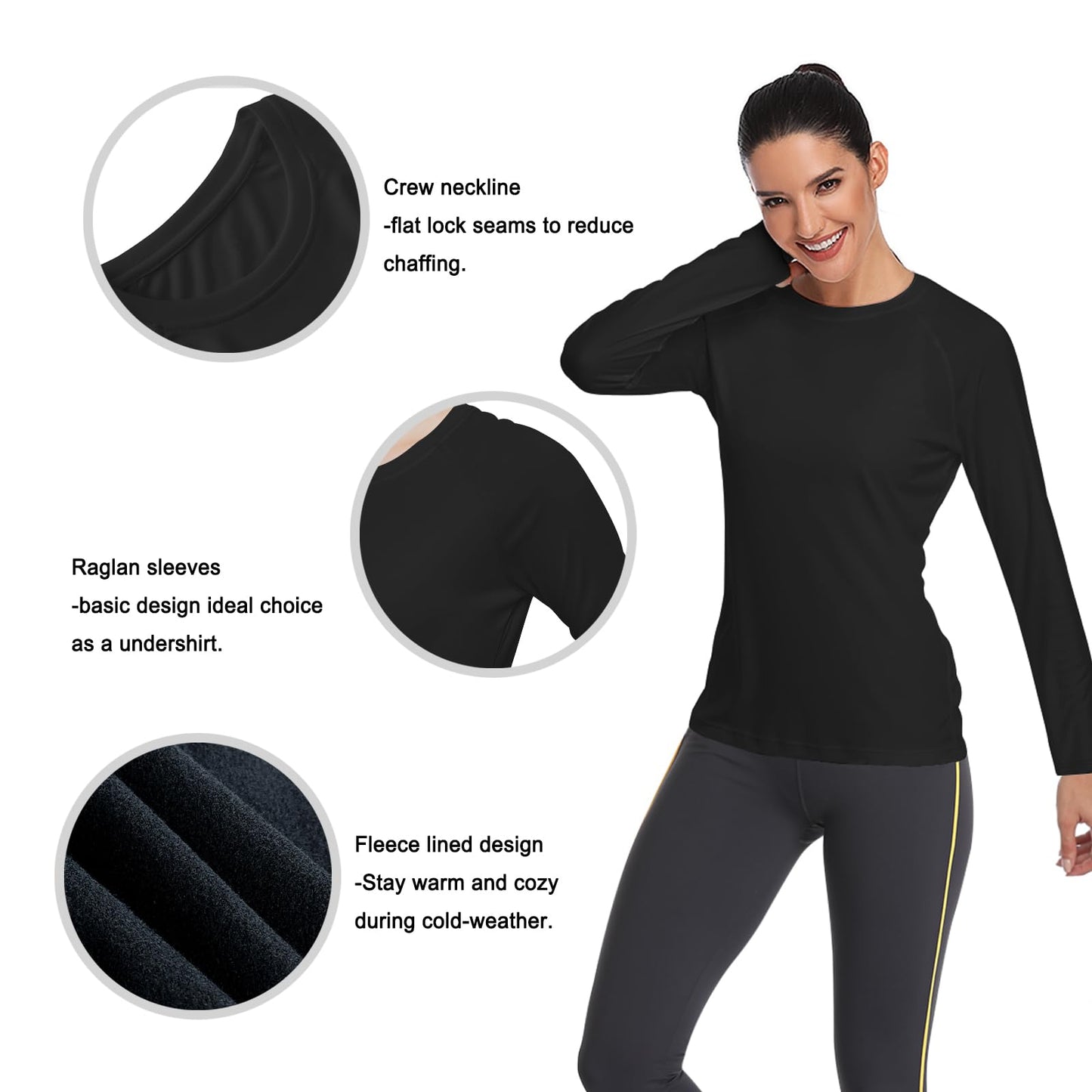 HISKYWIN Women's Long Sleeve Shirt Thermal Underwear Winter Warm Fleece Lined Top Soft Athletic Base Layer HF863 Black XXL