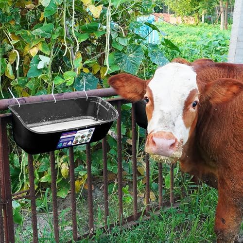 Goovilla Large Feed Trough, Hanging or Screw-in Fence Feeder with Clips, 2 Pack 9 Quart Goat Feeder Supplies, Dog Horse Hog Pig Livestock Poultry Plastic Feeder Trough Bucket for Large Animal, Black