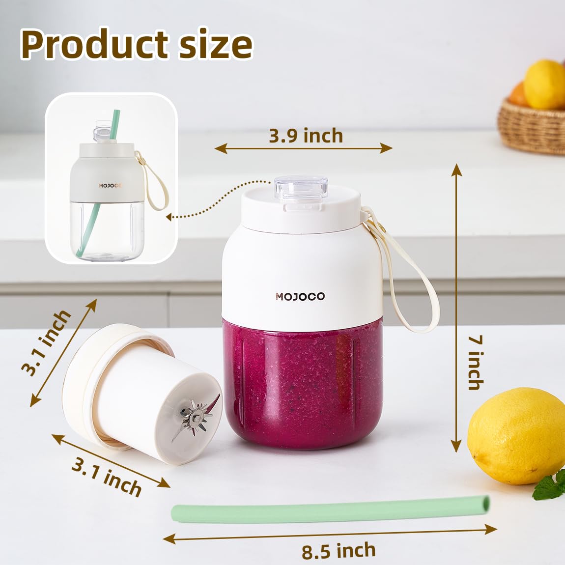 Mojoco Portable Smoothie Blender - 24oz Personal Blenders for Shakes and Smoothies - Cordless/Rechargeable Juice Blender with Stainless Steel Blade for Office, Gym, Camping, Travel