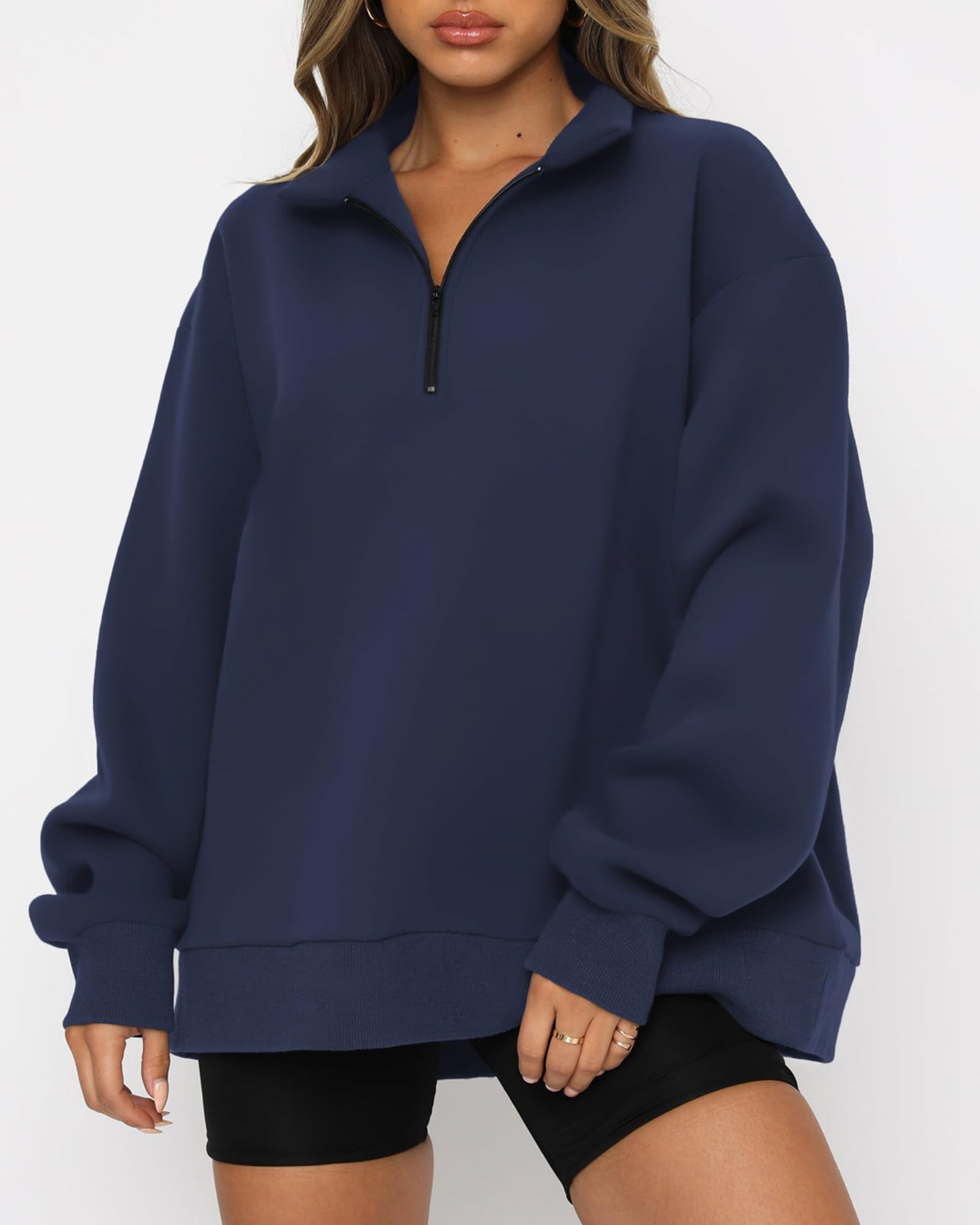 BTFBM Women's Quarter Zip Sweatshirt 2024 Fall Spring Oversized Casual Long Sleeve Workout Pullover Y2K Clothes(Solid Navy, Large)