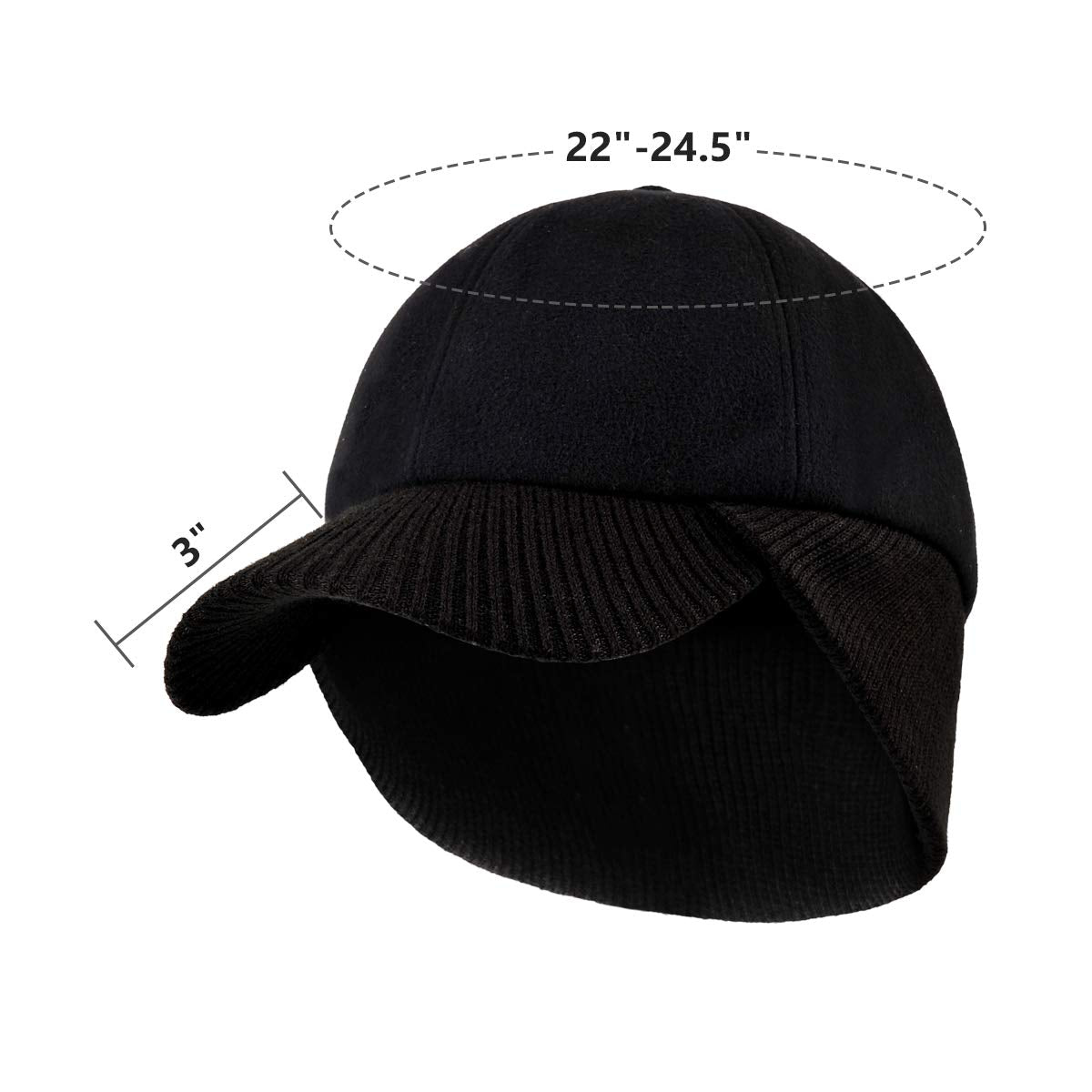 LCZTN Wool Winter Baseball Cap with Warmer Earflap for Men & Women Outdoor Ski Visor Beanie Hat (Black & Grey)