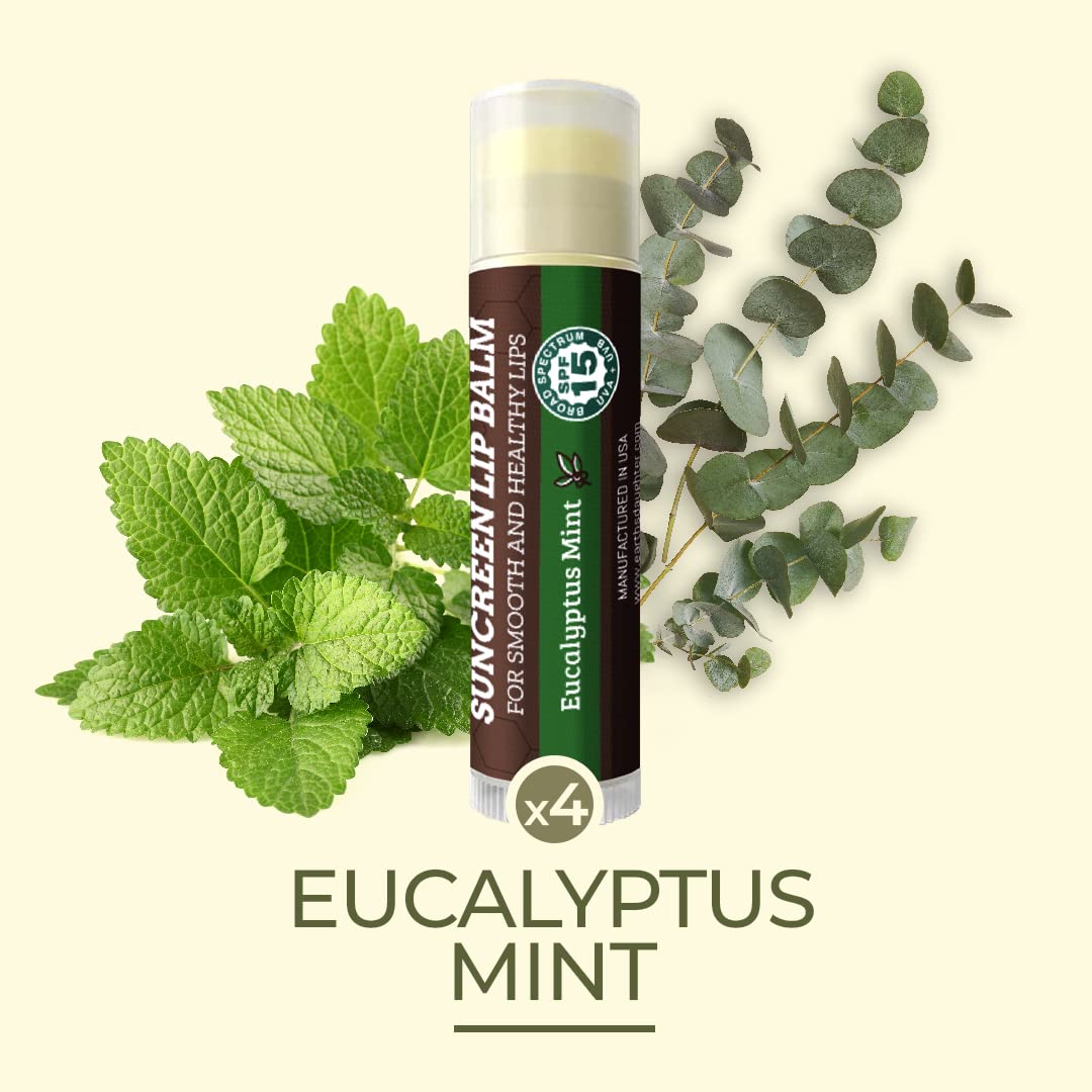 Earth's Daughter SPF Lip Balm Eucalyptus Mint 4-Pack - Lip Sunscreen, SPF 15, Organic Ingredients, Beeswax, Coconut Oil, Vitamin E - Hypoallergenic, Gluten Free