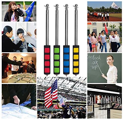 Enjoyist 4-Pack Assorted Color Telescoping Handheld Flagpole, Extendable Stainless Portable Steel Banner Tour Guides & Pointer for Teachers, with Clips (63'' Flagpole)