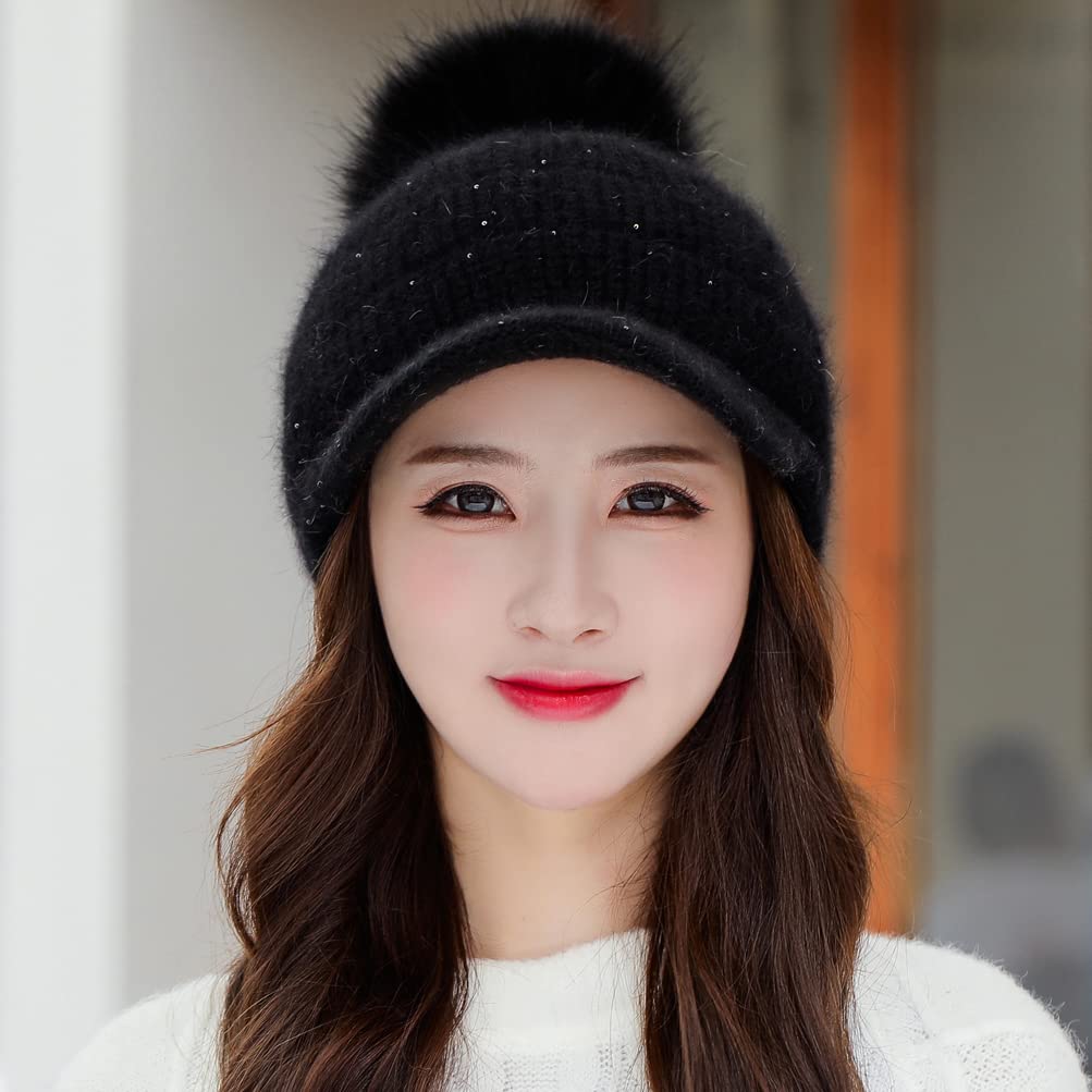 Fleece Lined Beanie Hats with Visor Brim Winter Knit Ski Cap Women Pom Pom Ball (Black)