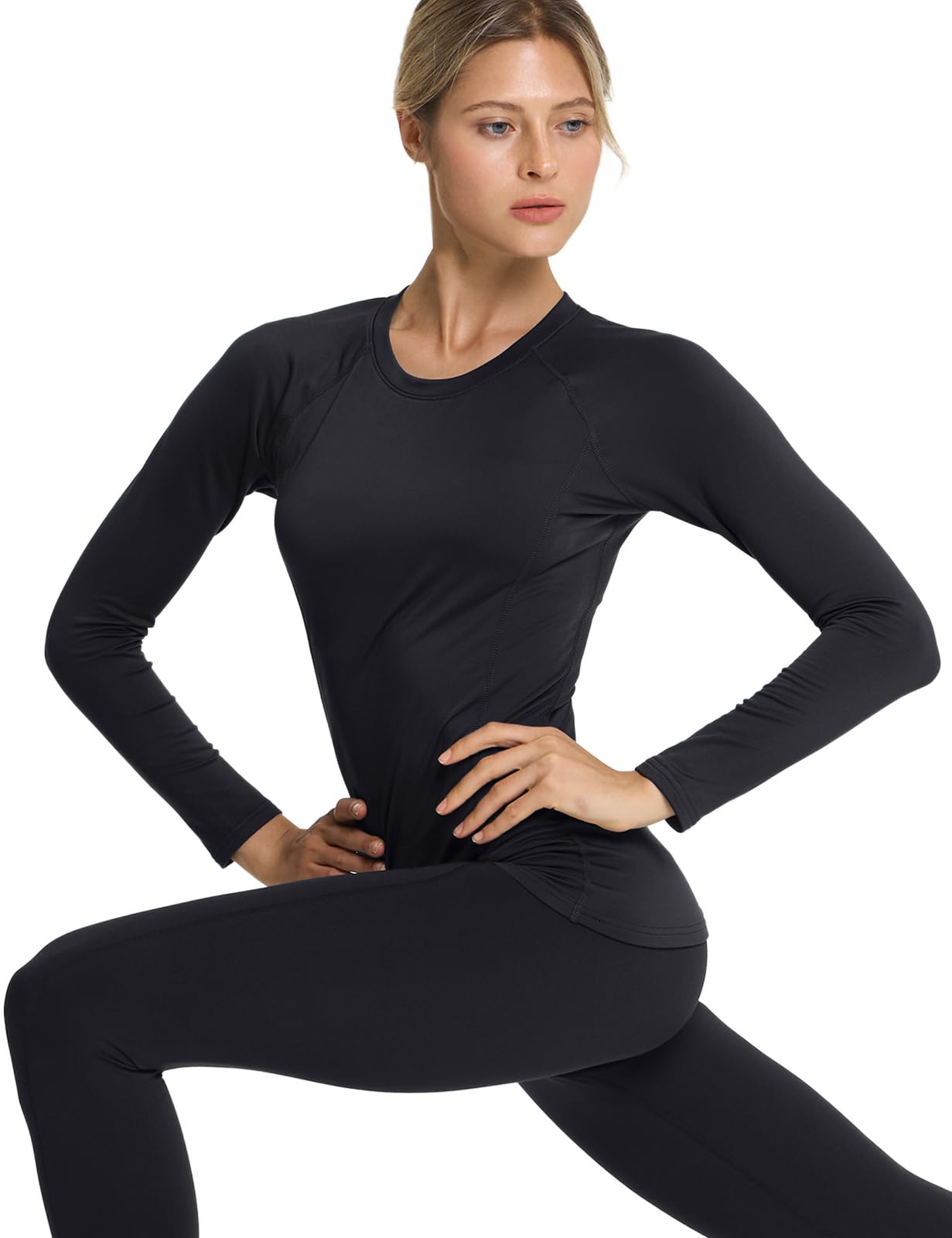 TSLA Women's Thermal Long Sleeve Tops, Mock Turtle & Crew Neck Shirts, Fleece Lined Compression Base Layer, Round Neck Winter 2pack Black/Teal, X-Small