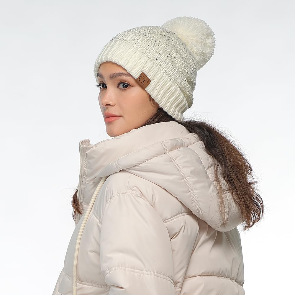 C.C Sequin Pom Beanie for Women - Acrylic Stretchable Soft Warm with Pom Knit Winter Skully Hat (Ivory/Silver)