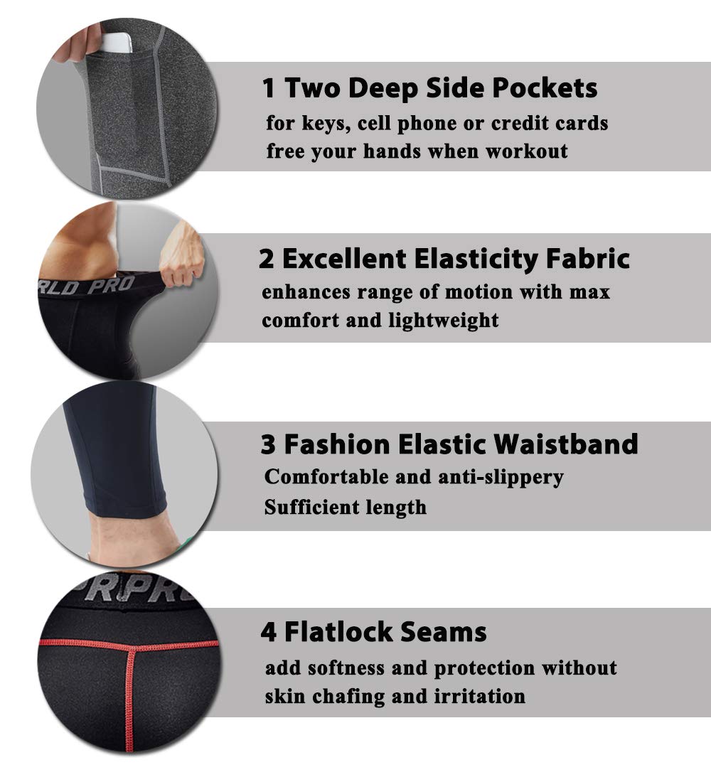 SILKWORLD Men's Compression Pants Pockets Cool Dry Athletic Leggings Baselayer Sports Running Tights (Pack of 2), 2 Pack_Black+Dark Red, XX-Large