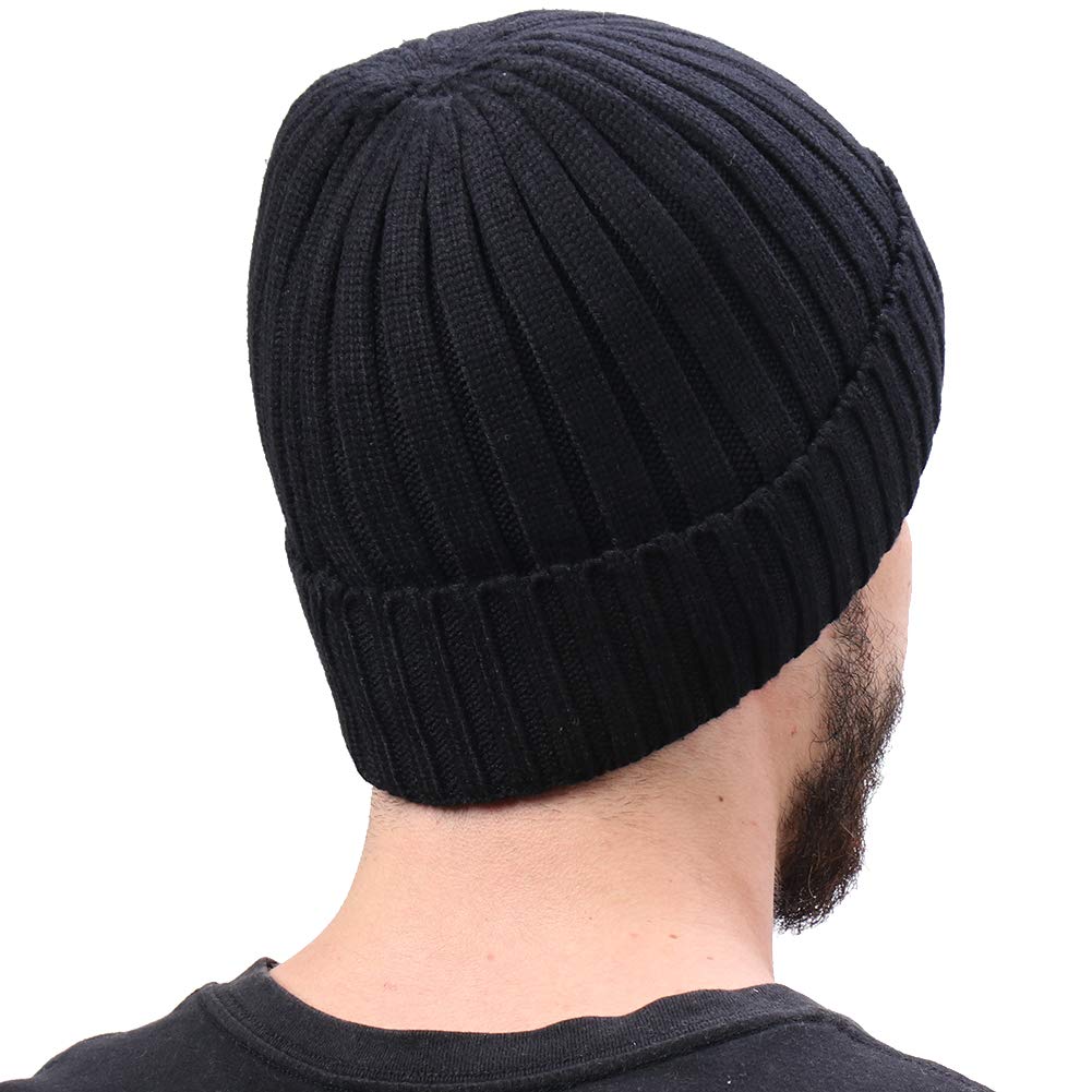 CAMOLAND Men's Fleece Wool Cable Knit Winter Beanie Hat(Black)