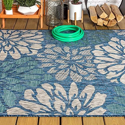 JONATHAN Y SMB110C-5 Zinnia Modern Floral Textured Weave Indoor Outdoor Area-Rug Bohemian Coastal Easy-Cleaning Bedroom Kitchen Backyard Patio Non Shedding, 5 X 8, Navy/Aqua