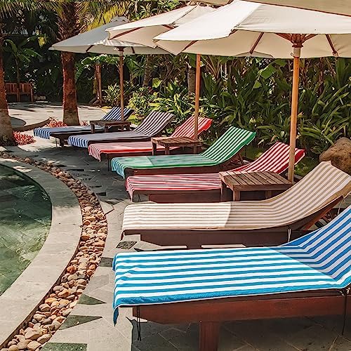 Arkwright California Chaise Lounge Cover - Pack of 2 - Striped Soft Cotton Cabana Towel with Pocket Holder for Beach Pool Outdoor Chair, 30 x 85 in., Beige