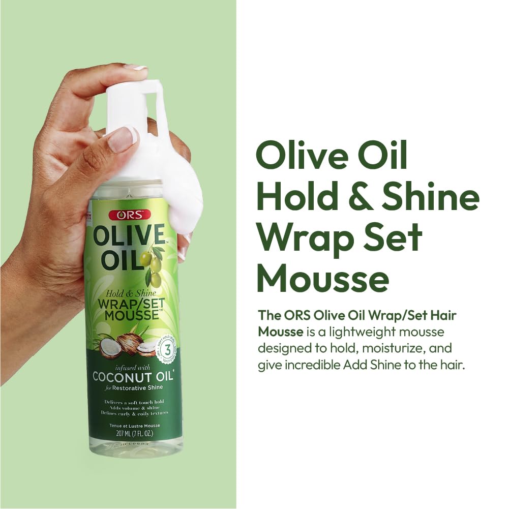 ORS Olive Oil Hold & Shine Wrap Set Mousse Infused with Coconut Oil for Restorative Shine 7 Ounce (Pack of 4)