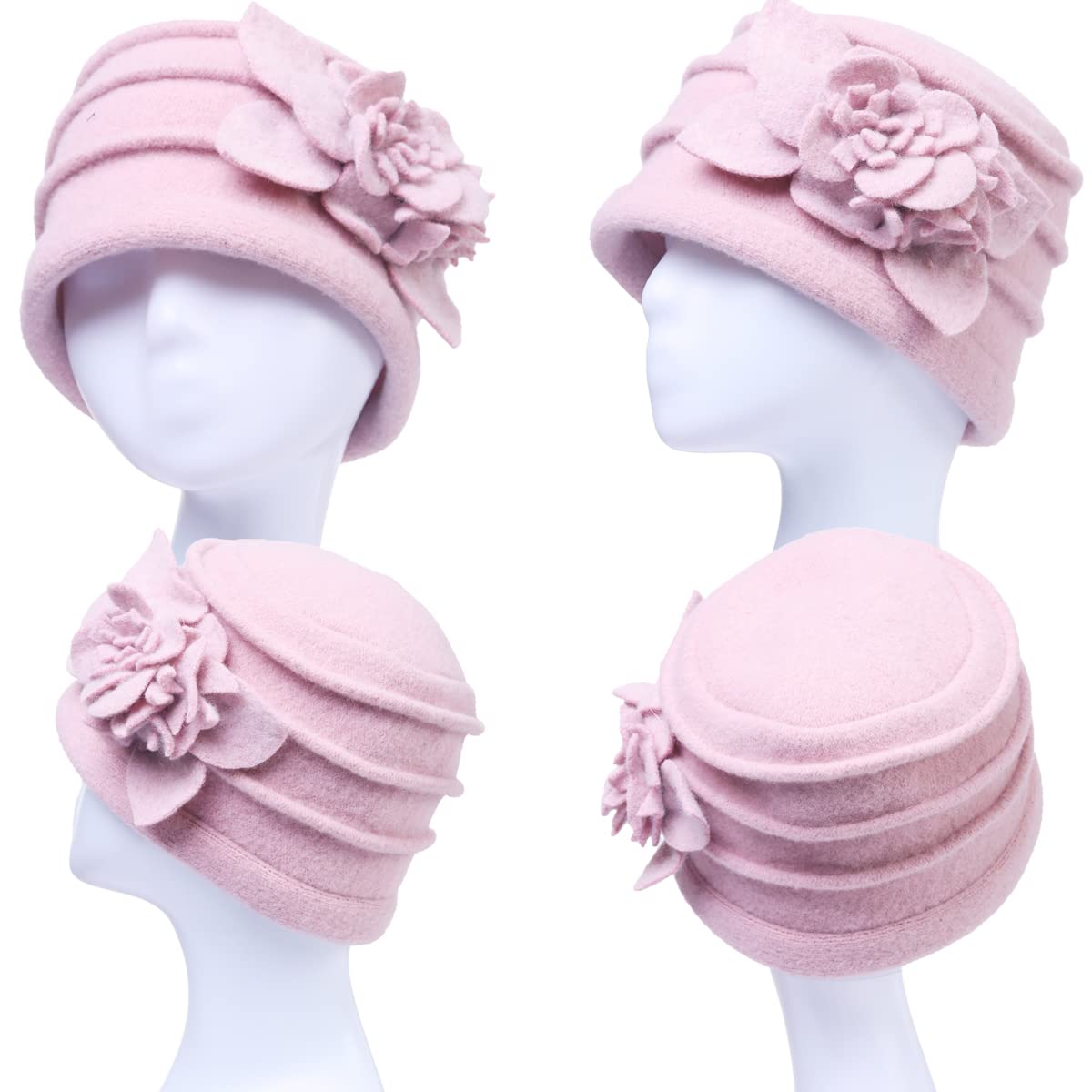 Vintage Women Floral Wool Dress Cloche Winter Hat 1920s (C022-D-Pink)