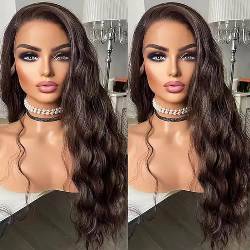 WXHWCX Long Brown Middle Part Wavy Wig For Women Heat Resistant Fiber Hair Synthetic Lace Front Wigs Daily Party Use Wigs