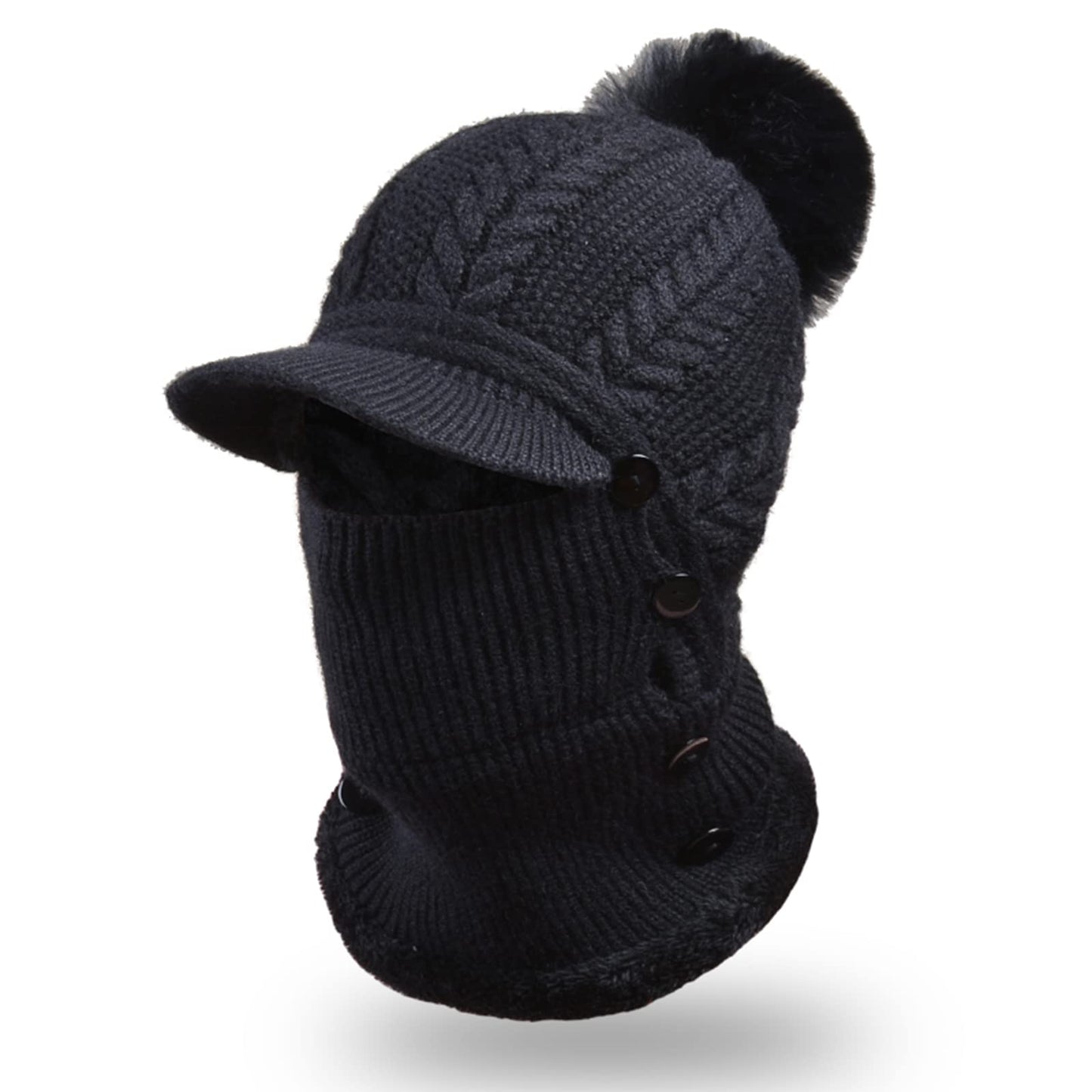 Winter Hats Warm Face Mask Cap One-Piece Scarf Mask Set Knitted Warm Bib Beanie Hat, Knitted Hat, Caps with Visor, Black