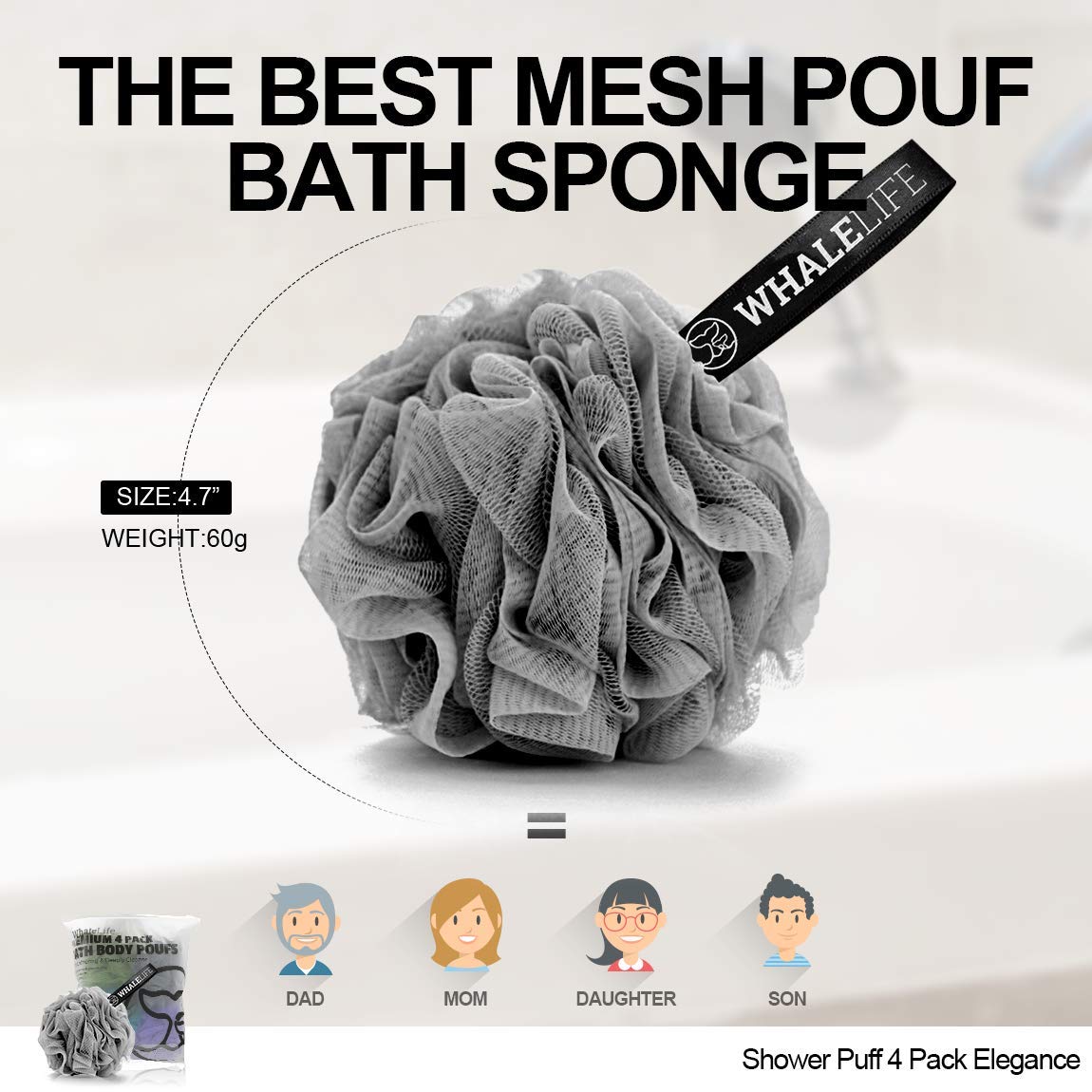 Loofah Sponge Bath Sponge for Women Men 4 Pack (Gray Blue Green Purple)
