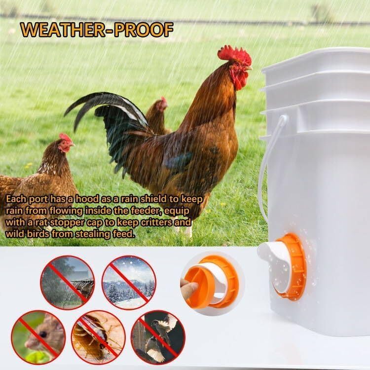 DIY Chicken Feeder No Waste 8 Ports, Automatic 4 inch Poultry Feeder with 8 Pcs Stopper & 1 Hole Saw, Weatherproof Reusable Gravity Chicken Feeder Kits for Buckets, Barrels, Bins, Troughs (Orange)