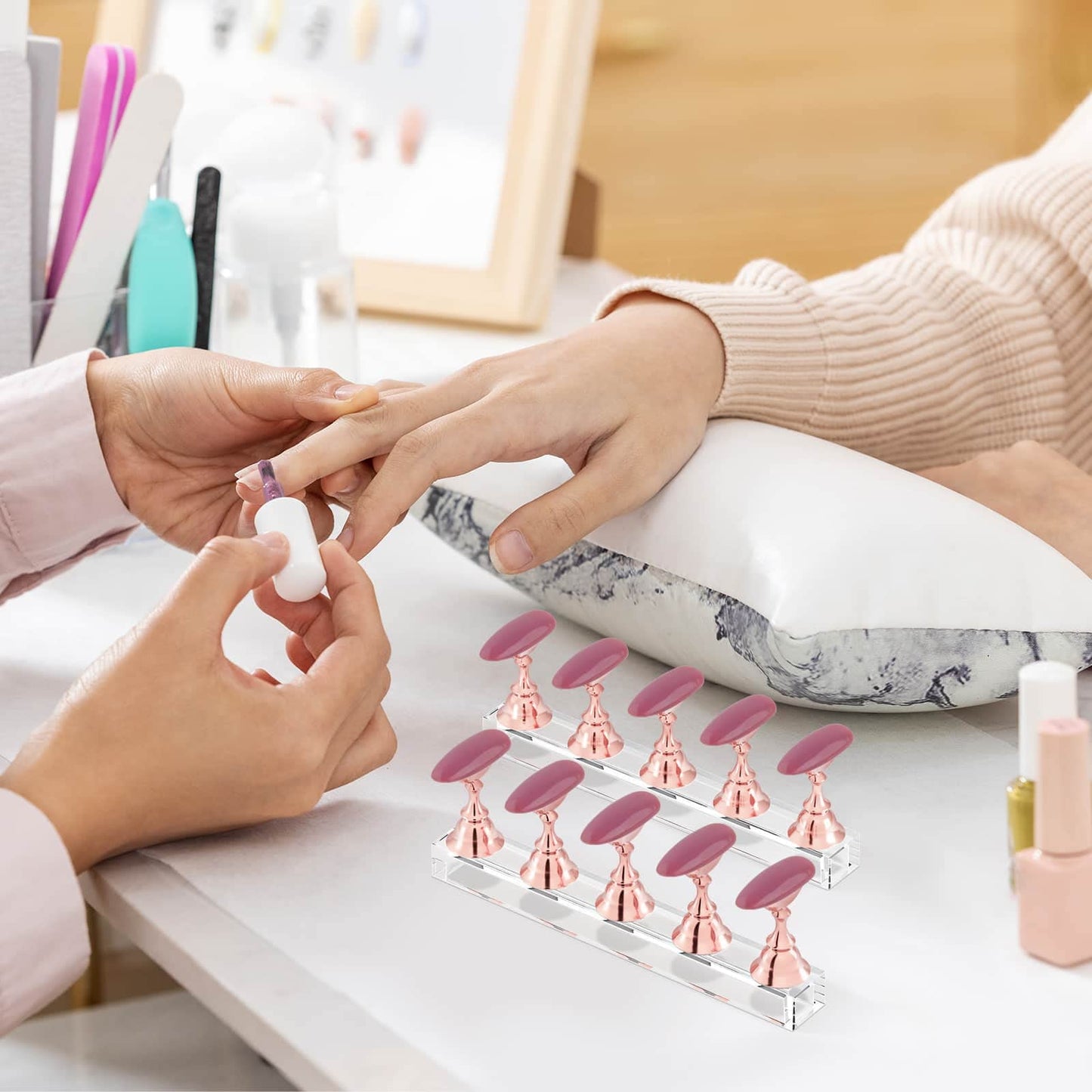 Nail Stand Acrylic Nail Art Display Stand Magnetic Nail Tips Practice Holder 54 Pcs Reusable Adhesive Putty for DIY Painting Nails Stand kit (Rose Gold)