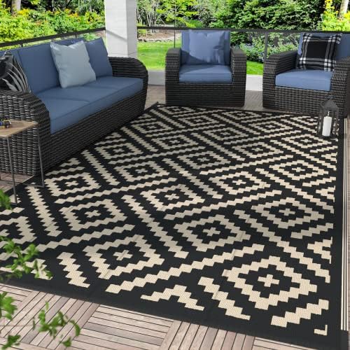 GENIMO 5x8 Outdoor Rug Waterproof, Reversible Mats, Area Rug, Plastic Outside Carpet, Geometric Rv Mat for Patio Camping Rv Picnic Backyard Deck Balcony Porch Beach Trailer (Black & Beige)