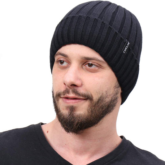 CAMOLAND Men's Fleece Wool Cable Knit Winter Beanie Hat(Black)
