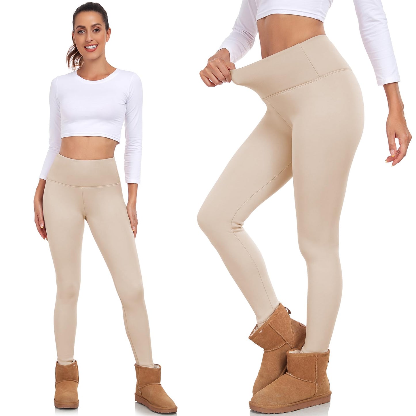 FULLSOFT Fleece Lined Leggings for Women – Thick High Waisted Winter Warm Yoga Pants Workout Tummy Control Thermal Warm Leggings(Light Khaki,Large)
