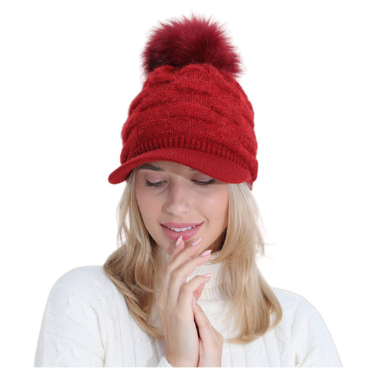Caviotess Winter Women Girls Knitted Hats Warm Knit Snow Ski Visor Beanie Skull Cap with Faux Fur Pom Pom Ball