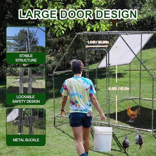 Large Metal Chicken Coop Run with Climbing Frame, Outdoor Walk-in Poultry Cage Flat Top with Waterproof&Anti-UV Cover, for Outdoor Backyard Farm, Silver (118" L x 118" W x 78.7" H)