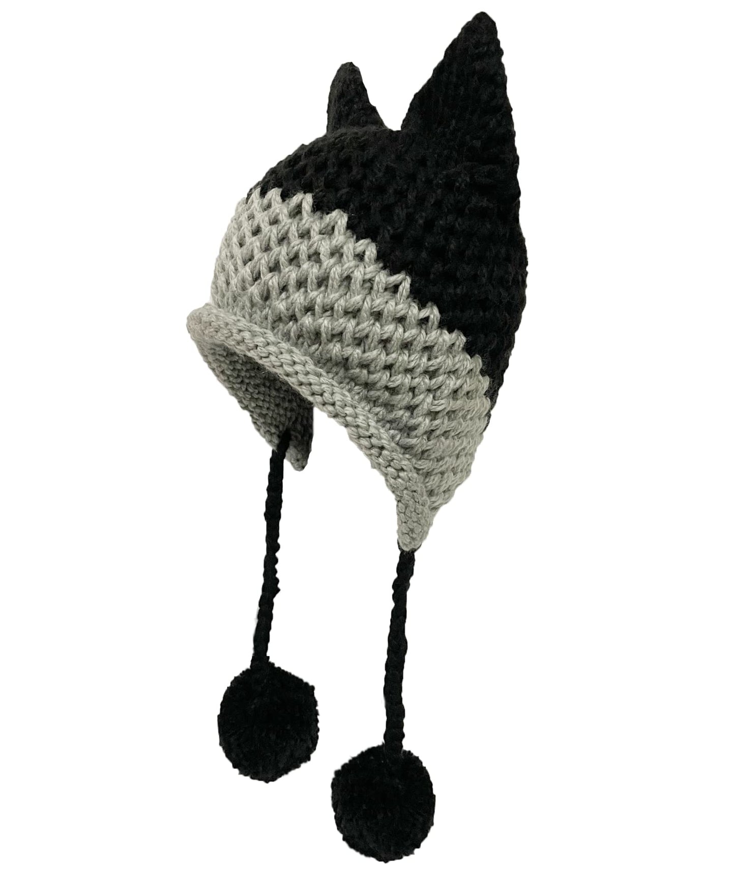 SUNONE11HKA Fox Ears Beanie Winter Warm Handmade Knitting Hats Pompom Caps Patchwork Crochet Headpiece Black
