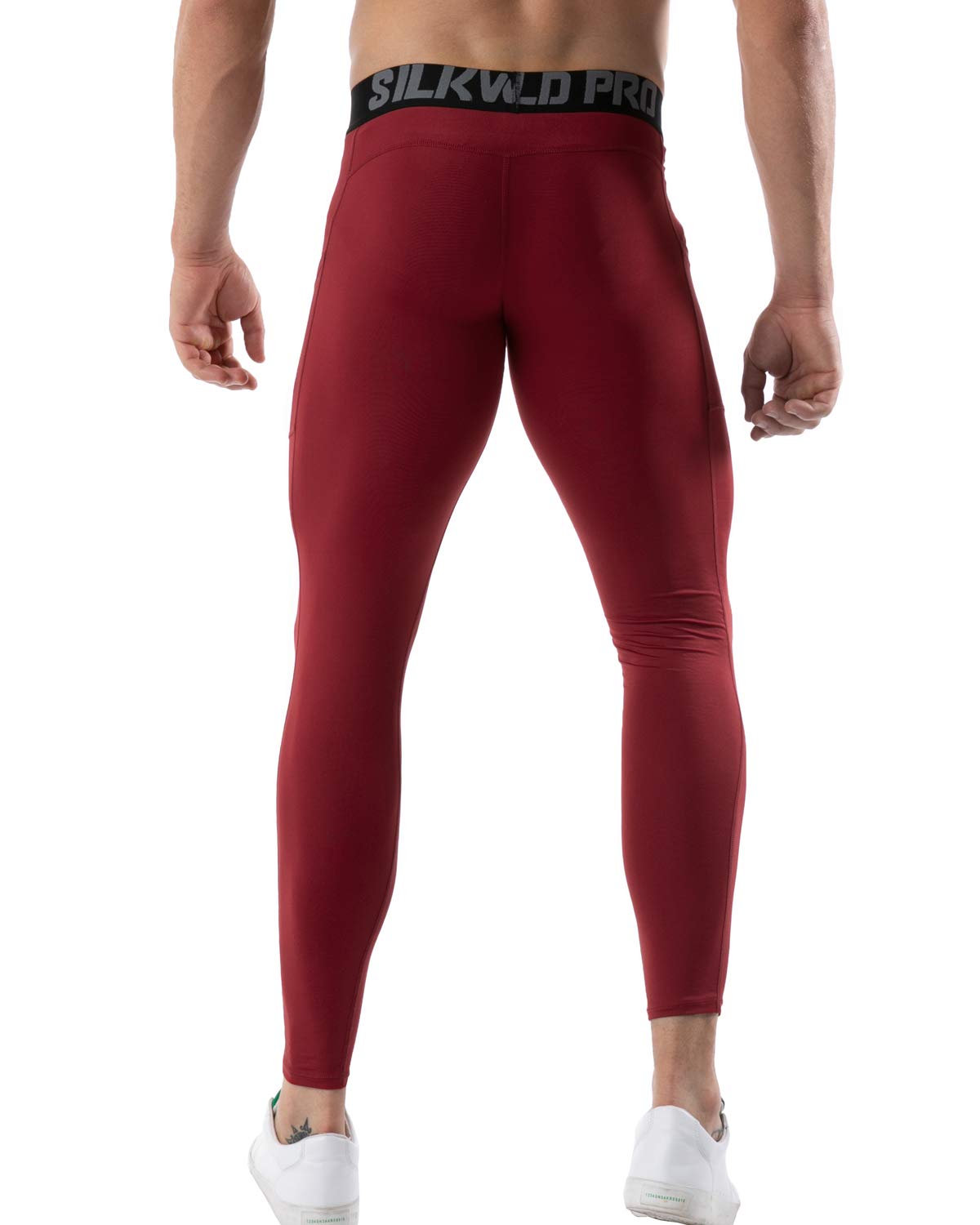 SILKWORLD Men's Compression Pants Pockets Cool Dry Athletic Leggings Baselayer Sports Running Tights (Pack of 2), 2 Pack_Black+Dark Red, XX-Large