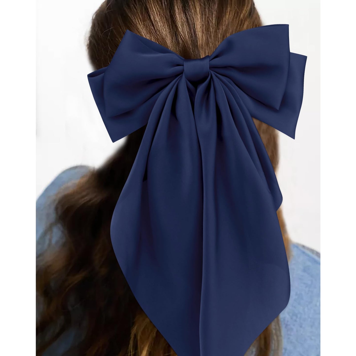 VELSCRUN Hair Bows for Women Girls 3Pcs White Hair Bow Black Hair Bow Navy Blue Big Hair Bows Clip Silky Satin Large Hair Ribbons Oversized Long Tail Hair Bows Hair Barrettes Hair Accessories Gifts