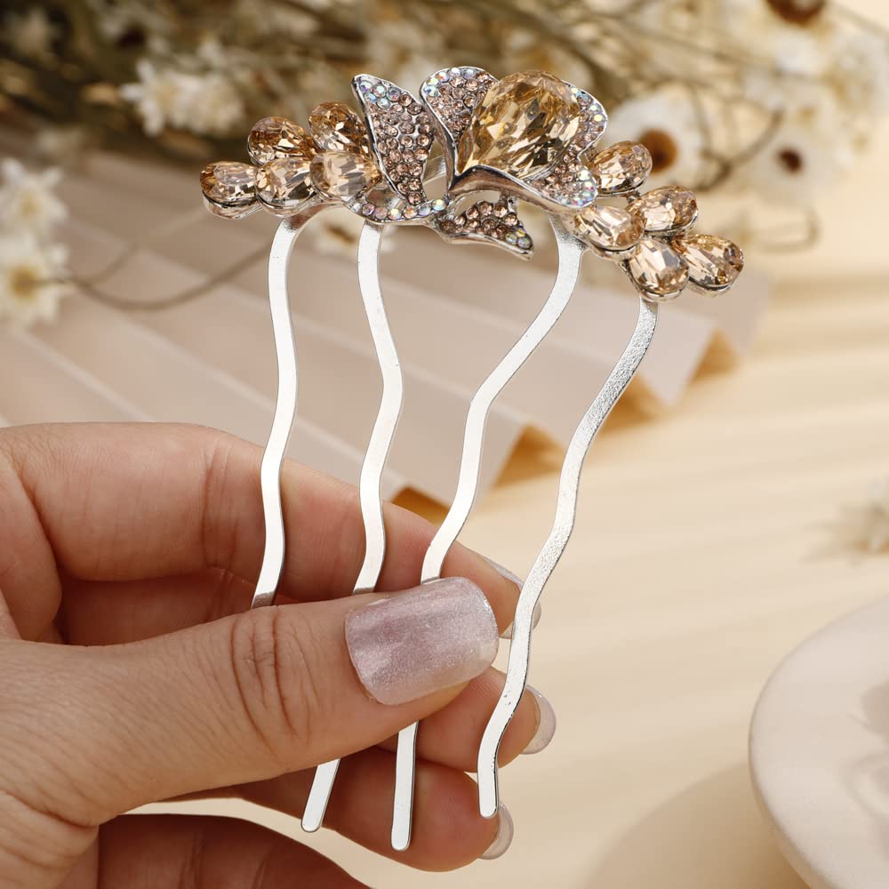 Aimimier Dainty Crystal Flower Hair Comb Sparkly Rhinestone Inlaid Hair Side Combs Long Teeth Hair Accessories for Women and Girls(Champagne)