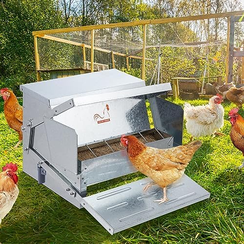 VEVOR Poultry Feeder, 25lbs Capacity, Feed Chicken Feeder with Lid & Lock, Outdoor Coop Food Dispenser, No Waste, Weatherproof Galvanized Metal Feeder for Ducks, Geese