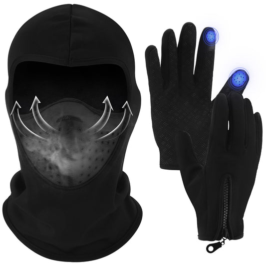 Geyoga 2 Pcs Winter Balaclava Face Mask Ski Gloves Black Windproof Ski Mask Cycling Gloves Touchscreen for Men Women Riding(Middle Size)