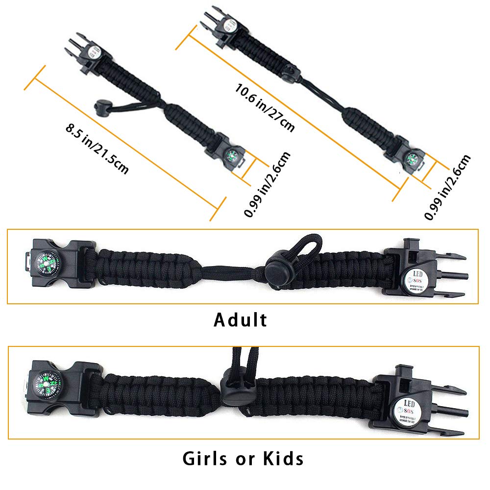 Daarcin Survival Paracord Bracelet,2pcs Black Fire Starter,Waterproof SOS Light, Compass, Whistle, Adjustable AK87 20 in 1,Outdoor Ultimate Tactical Survival Gear Set,Gift for Kids,Men